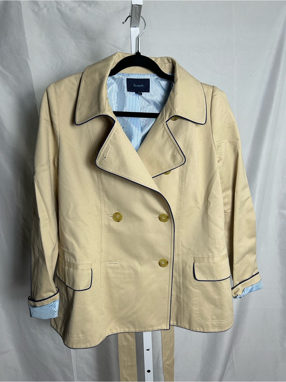 Faconnable Cream Trench Coat with Navy Piping